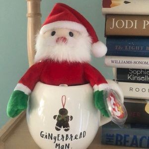 Rae Dunn Gingerbread Man mug with Santa Beanie baby.